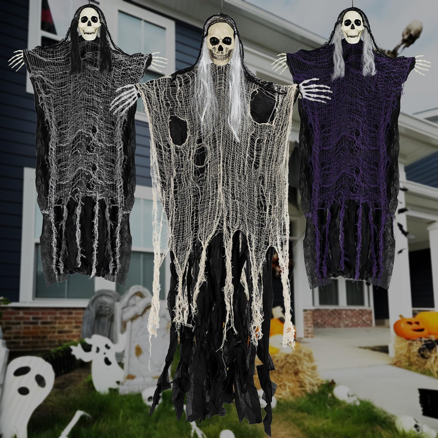 Halloween Decorations Outdoor and Indoor,3PCS Scary Hanging Ghosts,Halloween Grim Reaper Skeleton,Scary Party Decorations for Yard,Haunted House Decor